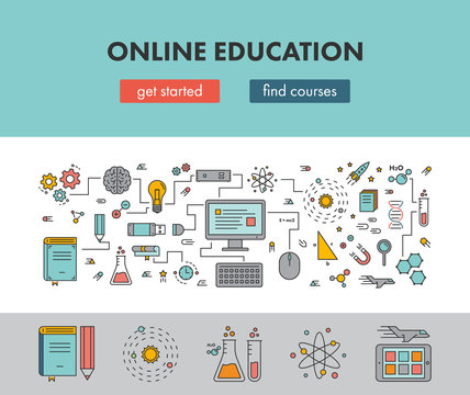 Line design concept web banner for online education and e-learni