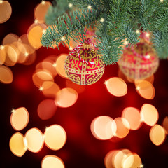 christmas ball hanging on evergreen tree