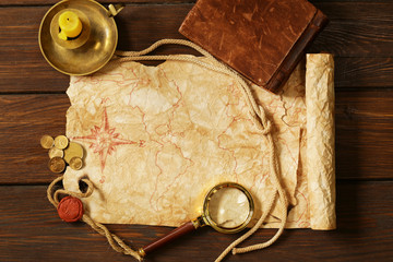 Vintage map and accessories for the treasure hunt and travel