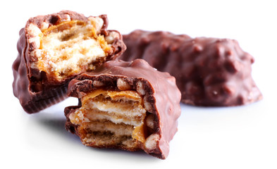 broken crispy candy bars, isolated on white