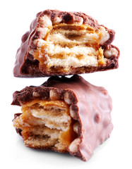 broken crispy candy bars, isolated on white