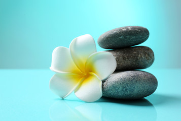 Fototapeta na wymiar Spa stones and flower on blue background