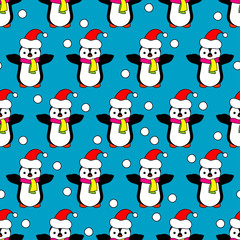 Seamless Christmas vector background with ornamental snowflakes and penguins