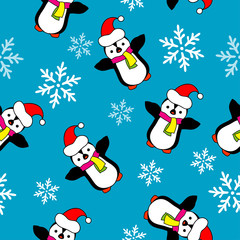 Seamless Christmas vector background with ornamental snowflakes and penguins