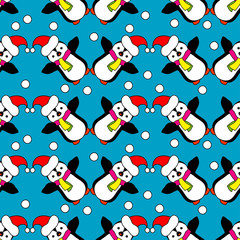 Seamless Christmas vector background with ornamental snowflakes and penguins