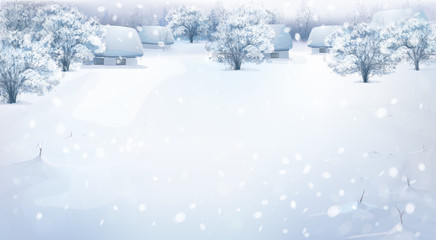Vector winter landscape with houses in forest.