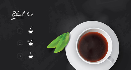 Realistic cup of black tea with black tea leaves. Easy "how to make a tea" icon set. Ideal image for tea package.