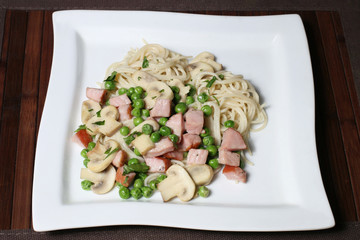 spaghetti with mushrooms, ham and peas