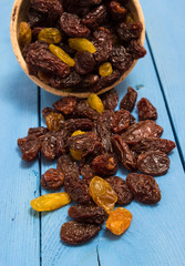 the raisins on a blue board