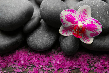 Spa stones and orchid closeup