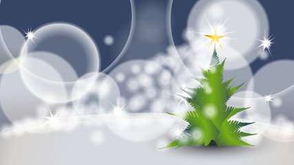 green Christmas tree with yellow star against blue background