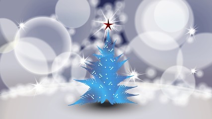 blue Christmas tree with red star against blue background