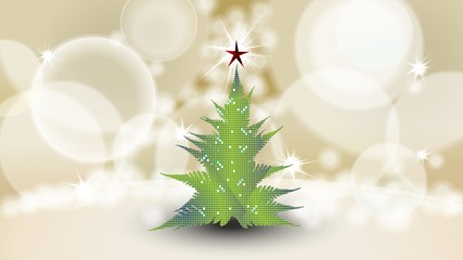 green Christmas tree with red star against gold background
