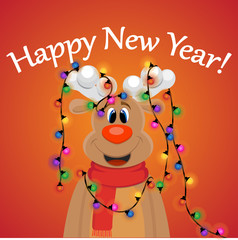 animated deer in a scarf. reindeer horns wound burning garland