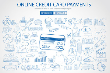 Online credit card payment concept with Doodle design style online purchases
