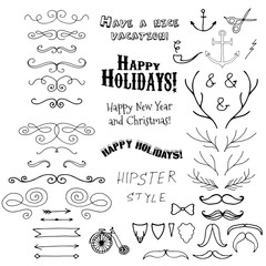 Vector Christmas set of holidays lettering and hipster hand drawn design elements in one
