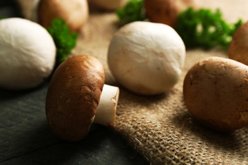 Mushrooms on sackcloth background