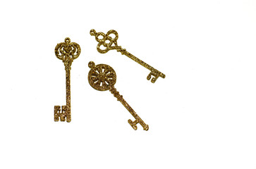 Golden key on white background.