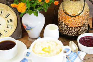 Rice Porridge with Sweet Butter, Jam and Coffee