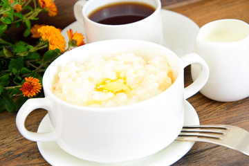 Rice Porridge with Sweet Butter, Jam and Coffee