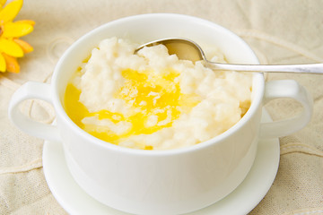 Rice Porridge with Sweet Butter, Jam and Coffee
