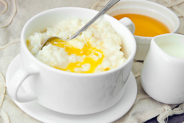 Rice Porridge with Sweet Butter, Jam and Coffee