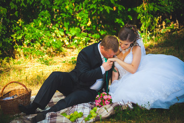 happy bride and groom in a brave beautiful national park during a wedding photo shoot. eco-style