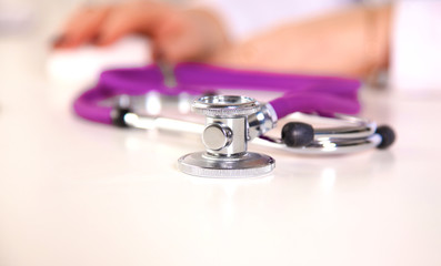 close up medical stethoscope on a white background