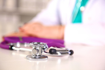 close up medical stethoscope on a white background