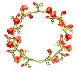Red floral round wreath with hand painted red exotic flowers freesia 