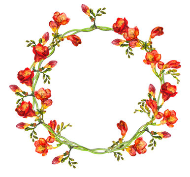Red floral round wreath with hand painted red exotic flowers freesia 