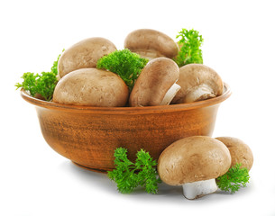 Mushrooms in bowl, isolated on white