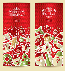 Naklejka premium Christmas banner set on red knitting texture.