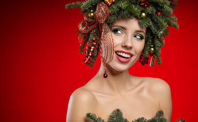 Christmas fashion model woman. Xmas New Year hairstyle and make