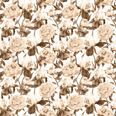 Peony flowers, iris flower and butterflies in old brown style. Vintage seamless background. Floral pattern. Watercolor