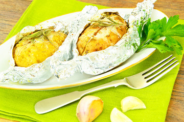 Healthy and Diet Food: Potatoes Roasted with Garlic and Ice Crea