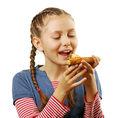 Little girl eating pizza isolated on white