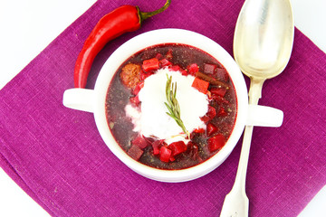 Healthy and Diet Food: Soup with Beetroot and Dumplings.