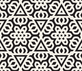Vector Seamless Black and White Rounded Star Floral Oriental Line Pattern