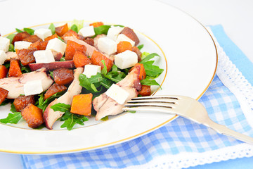 Salad with Chicken, Arugula, Caramelized Pumpkin and Feta Cheese