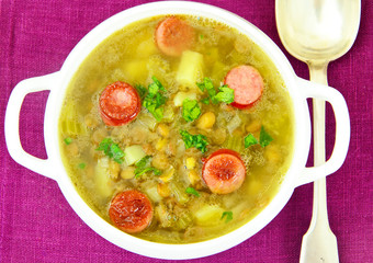 Healthy and Diet Food: Soup with Lentils and Sausage.