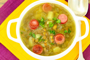 Healthy and Diet Food: Soup with Lentils and Sausage.