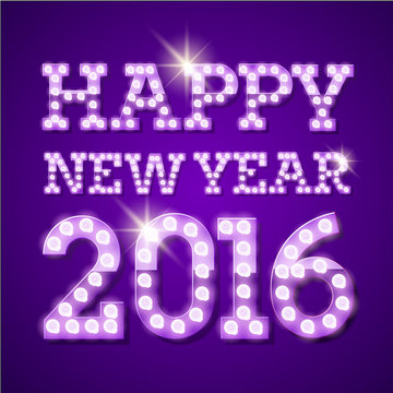 Vector Happy 2016 new year greeting card with festive font with violet lamp