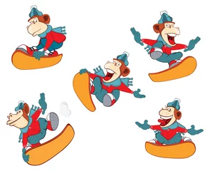 Poster Set of a Cute Monkeys Snowboarding. Cartoon Character © liusa