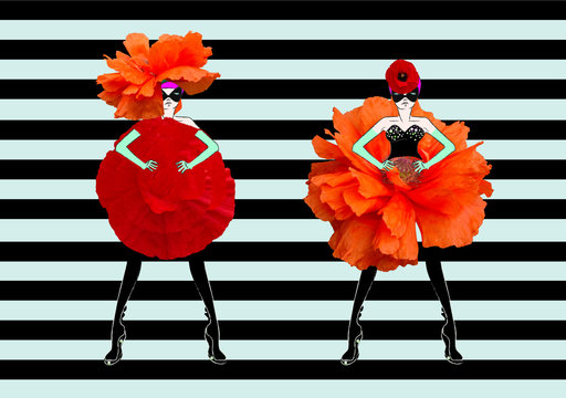 Abstract sketch of a woman in a red  dress and hat in the form of poppy, floral, fashion - Powered by Adobe