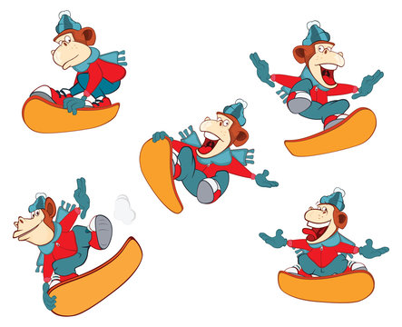 Set of a Cute Monkeys Snowboarding. Cartoon Character