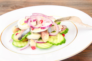 Dietary Food: Salad with Herring, Cucumber, Egg and Onion. 