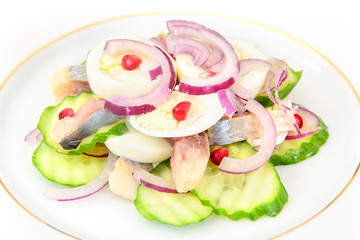 Dietary Food: Salad with Herring, Cucumber, Egg and Onion. 
