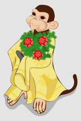 Monkey with Christmas tree and Christmas balls. Stylized image for clipart and greeting cards.
