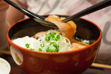 Salmon with rice in bowl